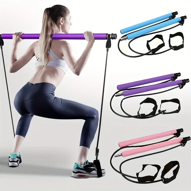 Portable Pilates Bar Kit Resistance Band Yoga Pilates Stick Yoga Exercise Bar Foot Loop for Yoga Stretch Sculpt Twisting Sit-Up