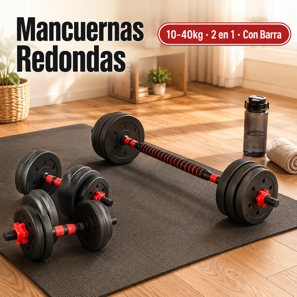 Dumbbells and Weight Kit 10kg 15kg 20kg 30kg 40kg, 2-in-1 Weight Set with Straight Bar and Coated Discs, Dumbbells for Home Fitness, Bodybuilding, Strength Training, Gym and Sports Exercises