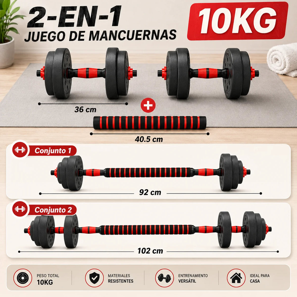 Dumbbells and Weight Kit 10kg 15kg 20kg 30kg 40kg, 2-in-1 Weight Set with Straight Bar and Coated Discs, Dumbbells for Home Fitness, Bodybuilding, Strength Training, Gym and Sports Exercises